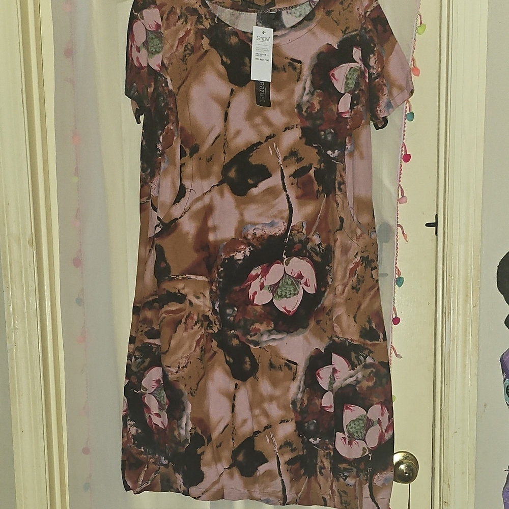Zanzea Floral Midi Dress - Pink and Brown
